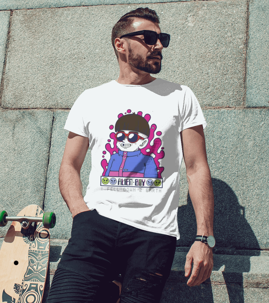 Alien Boy I Fell Down 2 Earth Cool Kid Retro Pink Smiley Vibes T-Shirt