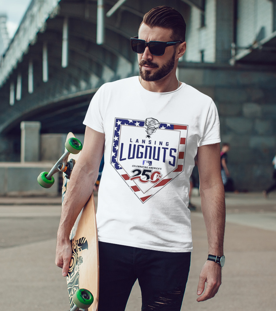 Lansing Lugnuts Celebrating America's 250th Anniversary 25th Logo USA Flag T-Shirt