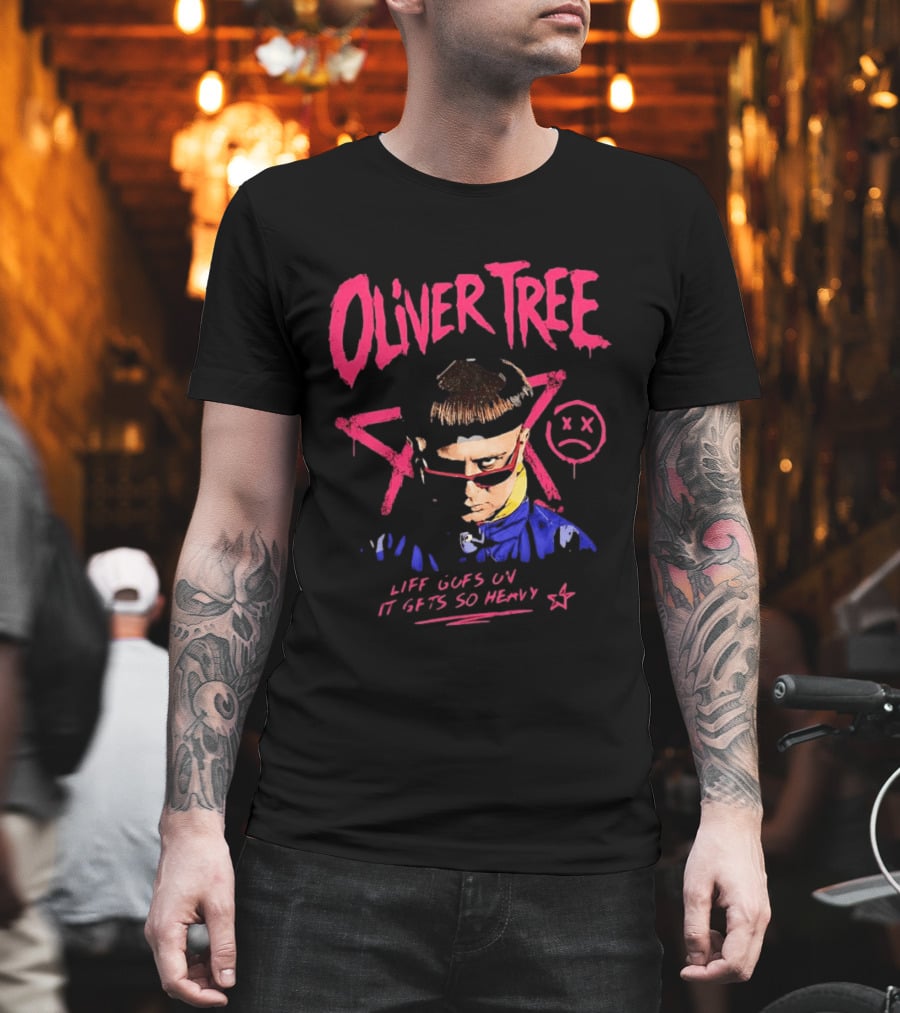 Oliver Tree Life Goes On It Gets So Heavy X Symbol Pink Text Sad Face T-Shirt