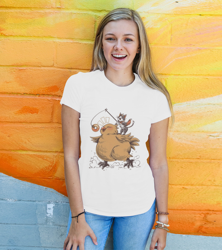 Chocobo Riding Cat Wizard With Donut Lure Delight T-Shirt