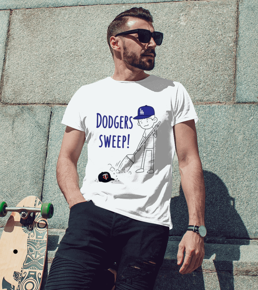 Dodgers Sweep Cartoon Figure In LA Cap Broom Action T-Shirt