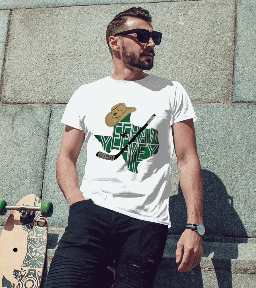 Yeehaw Key Texas Hockey Dallas Stars NHL Cowboy Hat Hockey Stick Map T-Shirt
