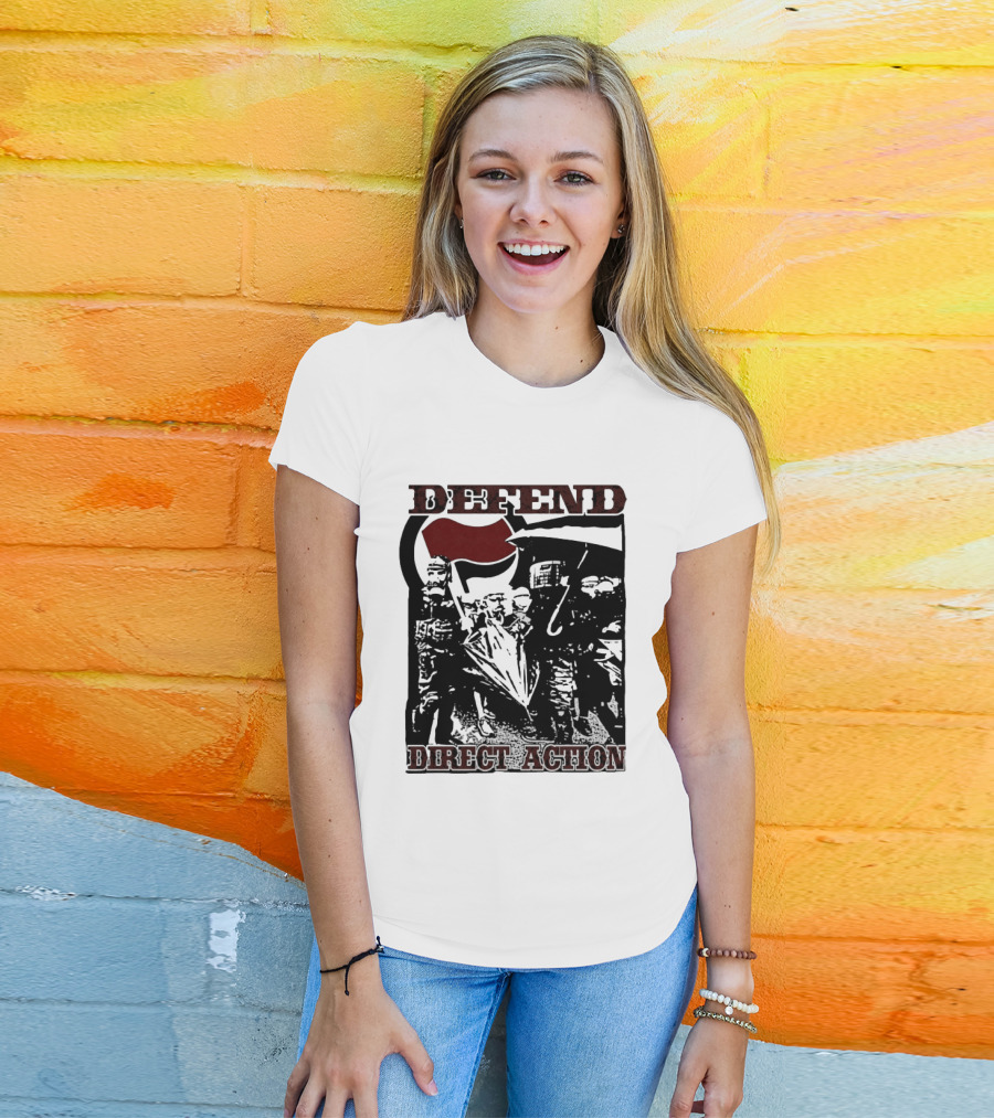 Defend Direct Action Antifa Protest Imagery With Red Flag Iconography T-Shirt