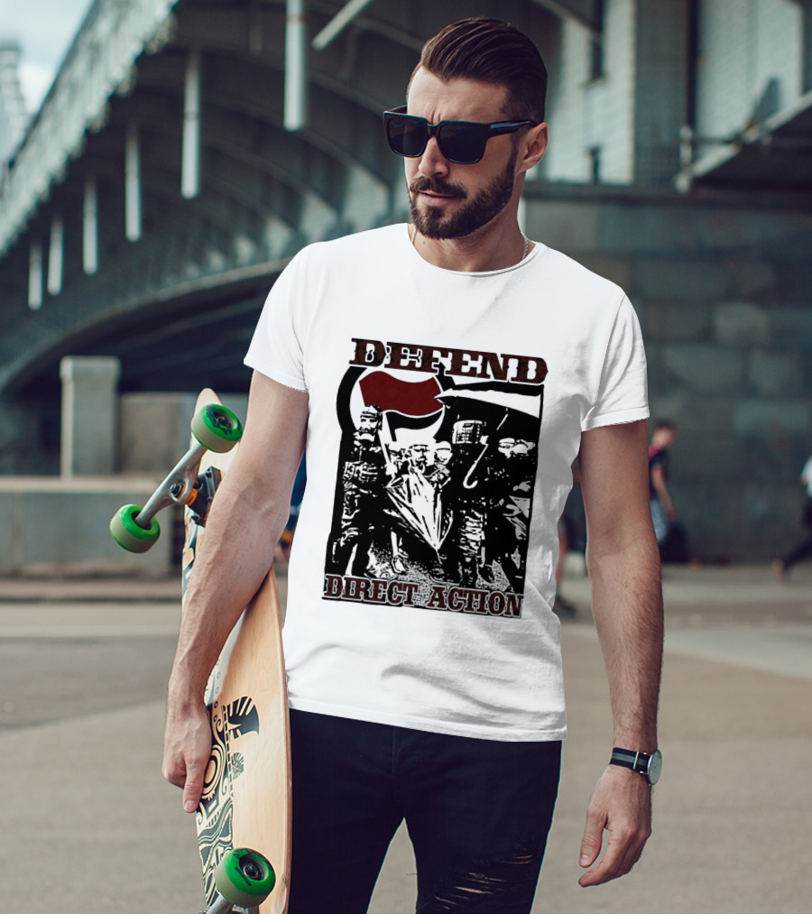 Defend Direct Action Antifa Protest Imagery With Red Flag Iconography T-Shirt