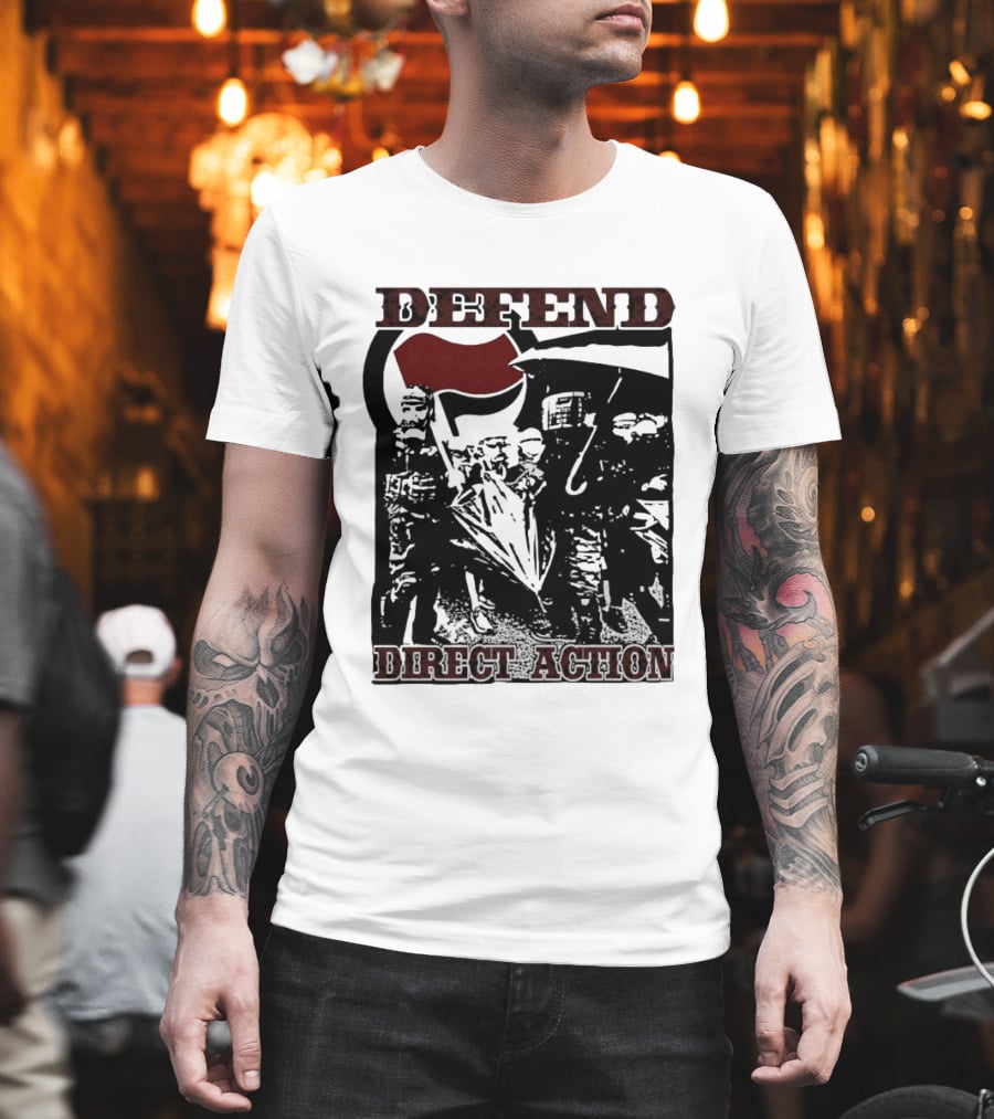 Defend Direct Action Antifa Protest Imagery With Red Flag Iconography T-Shirt