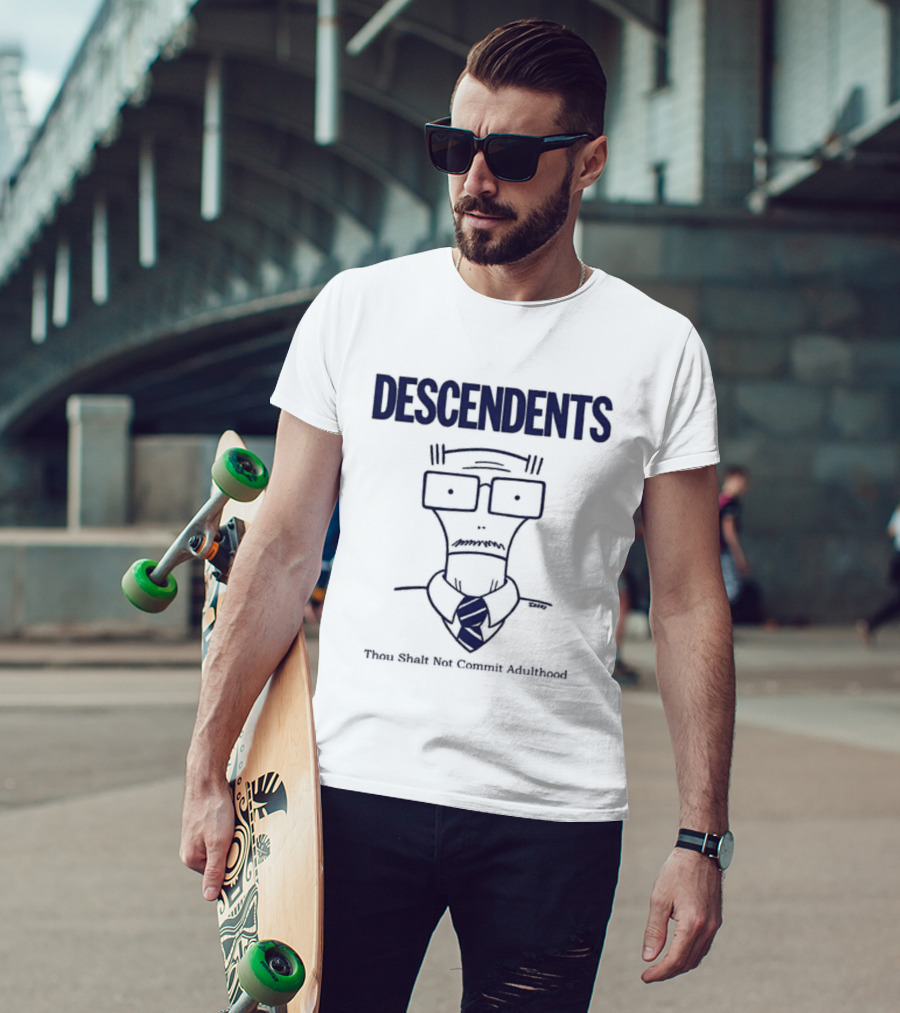 Descendents Thou Shall Not Commit Adulthood Cartoon Character With Glasses And Tie T-Shirt