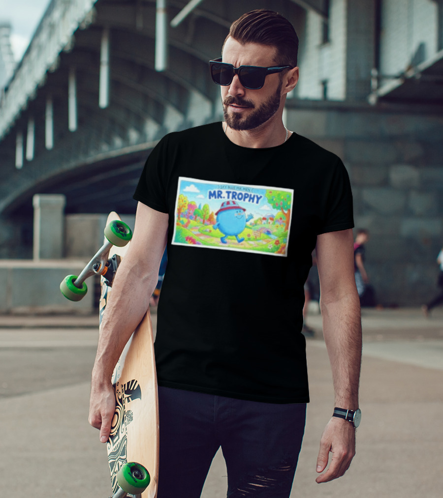 Sky Blue Mr. Men Mr. Trophy Character In Colorful Landscape Scene T-Shirt