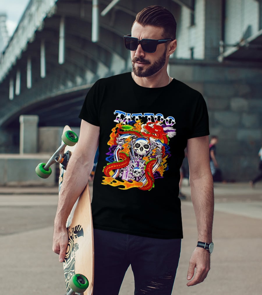 Tattoo Brand Dragon Skull Motorcycle Engine Flames T-Shirt