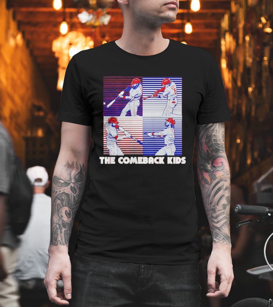 Philadelphia Phillies The Comeback Kids Striped Baseball Swinging Players T-Shirt
