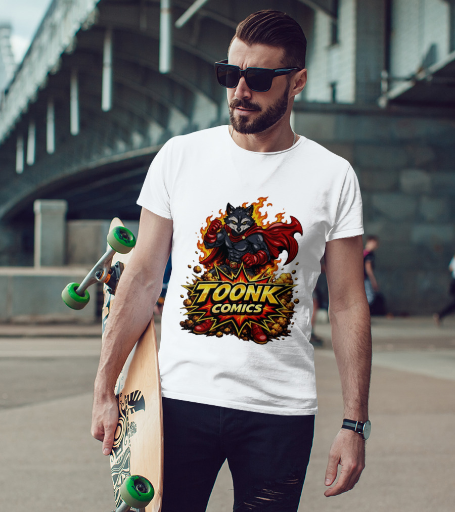 Toonk Comics Superhero Raccoon With Fiery Cape T-Shirt