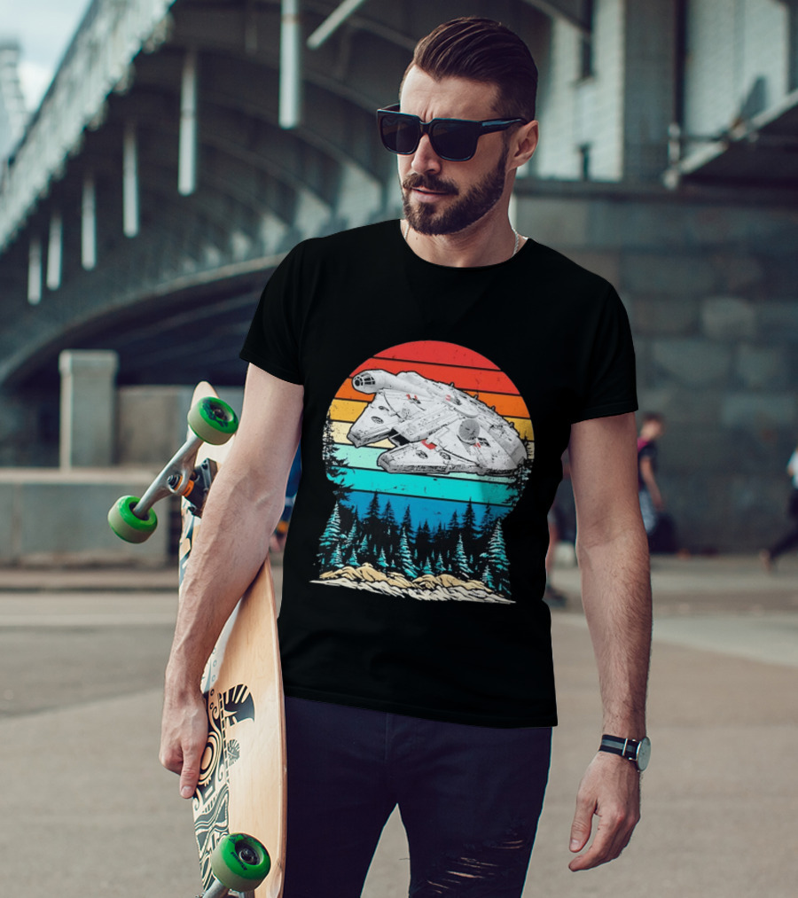 Millennium Falcon Endor Sunset Forest Scene T-Shirt
