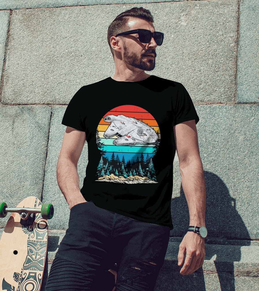 Millennium Falcon Endor Sunset Forest Scene T-Shirt