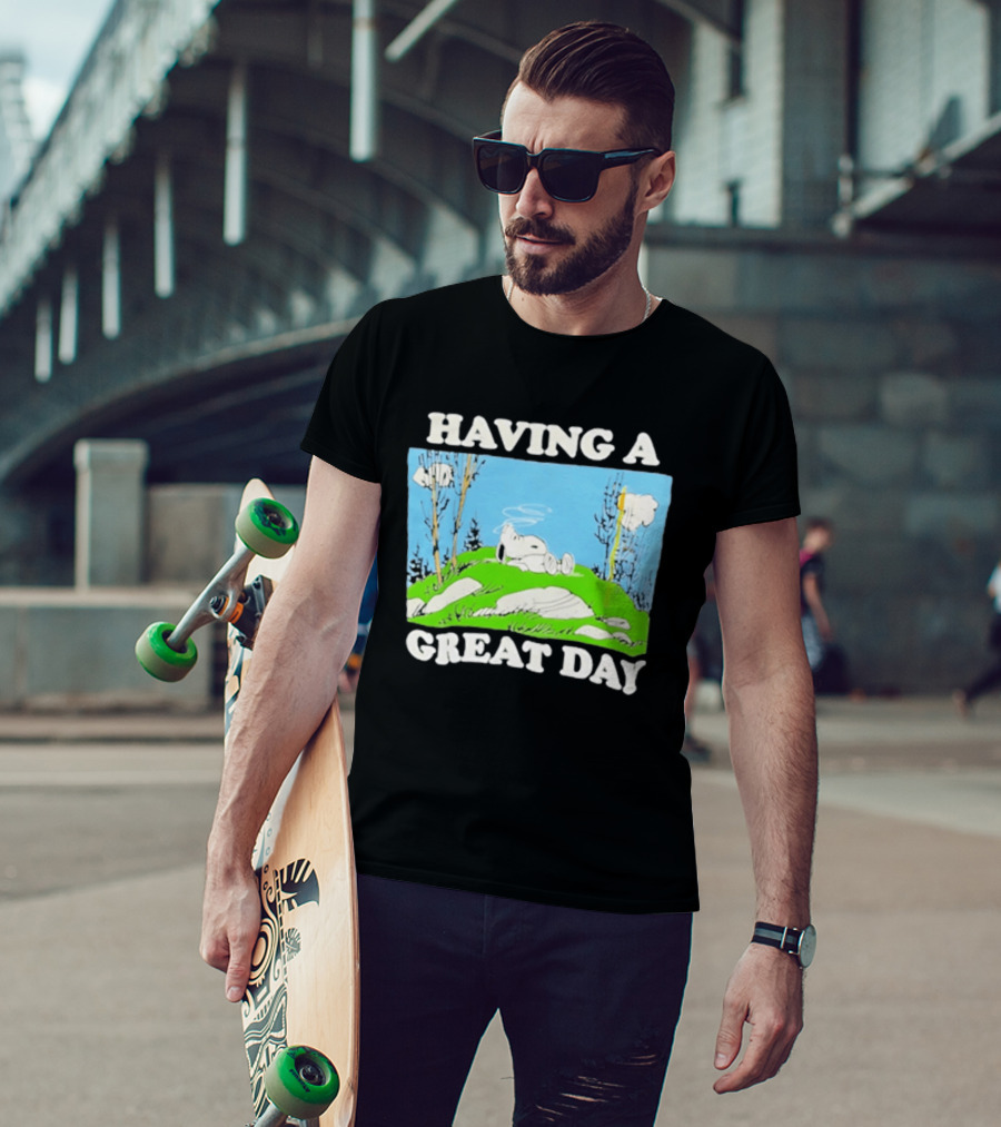 Snoopy Having A Great Day Relaxing On The Green Hill With Blue Sky And Clouds T-Shirt