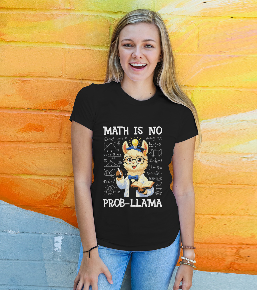 Math Is No Prob Llama Scientist With Test Tube And Equations T-Shirt