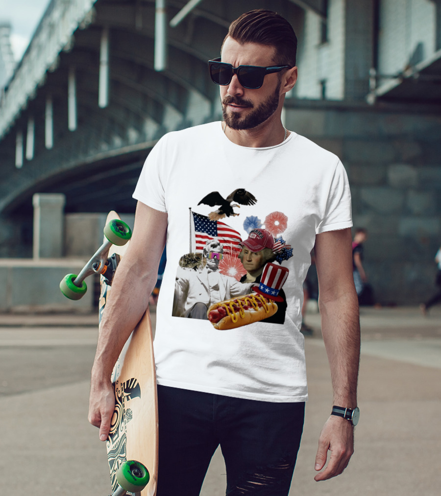 Merica Abraham Lincoln George Washington Hot Dog Eagle Fireworks Patriotic Celebration T-Shirt