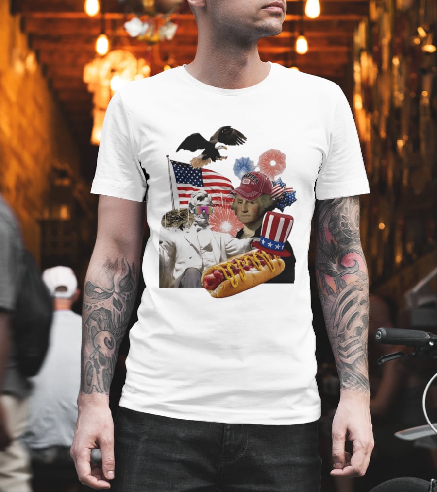 Merica Abraham Lincoln George Washington Hot Dog Eagle Fireworks Patriotic Celebration T-Shirt