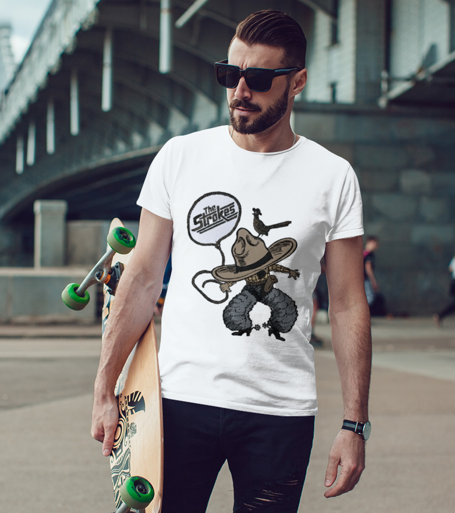 The Strokes Tour 2026 Illustrated Cowboy Holding Lasso With Bird And Cowboy Hat T-Shirt