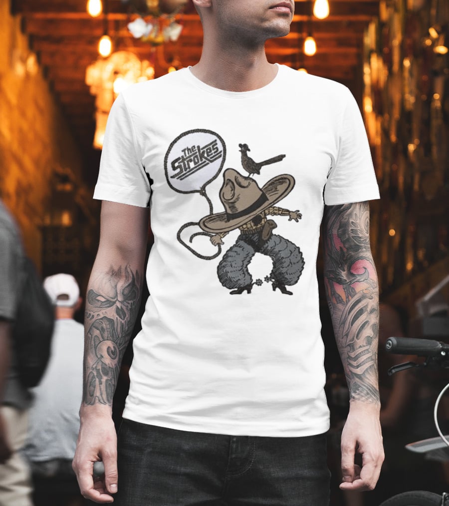The Strokes Tour 2026 Illustrated Cowboy Holding Lasso With Bird And Cowboy Hat T-Shirt