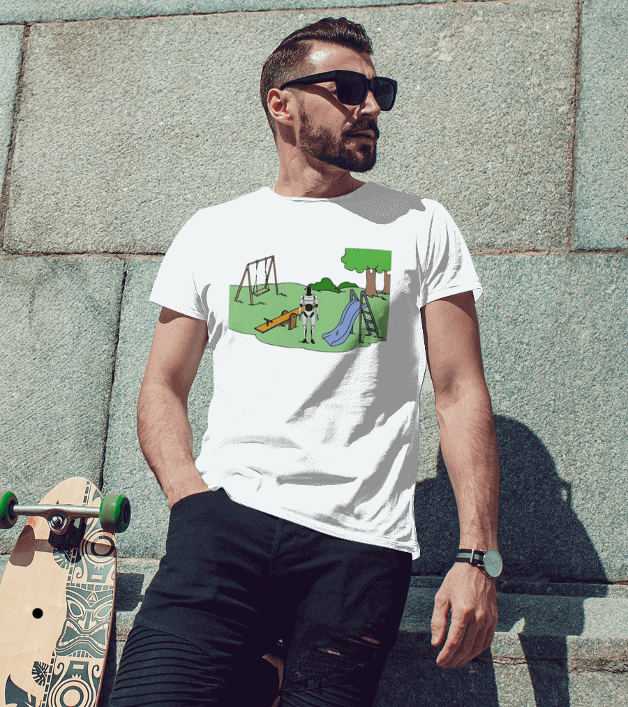 Optimus Tesla Robot In Playground Park With Swings And Slide T-Shirt
