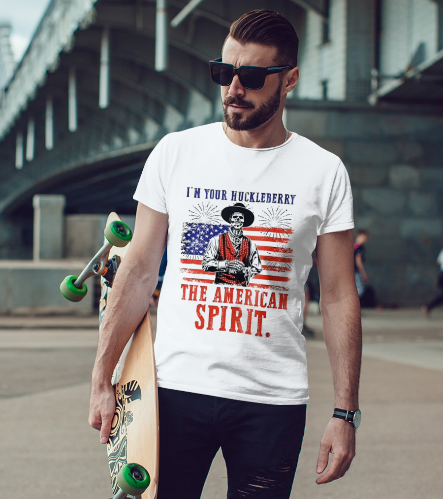 I'm Your Huckleberry Skeleton Cowboy American Flag Fireworks The American Spirit T-Shirt