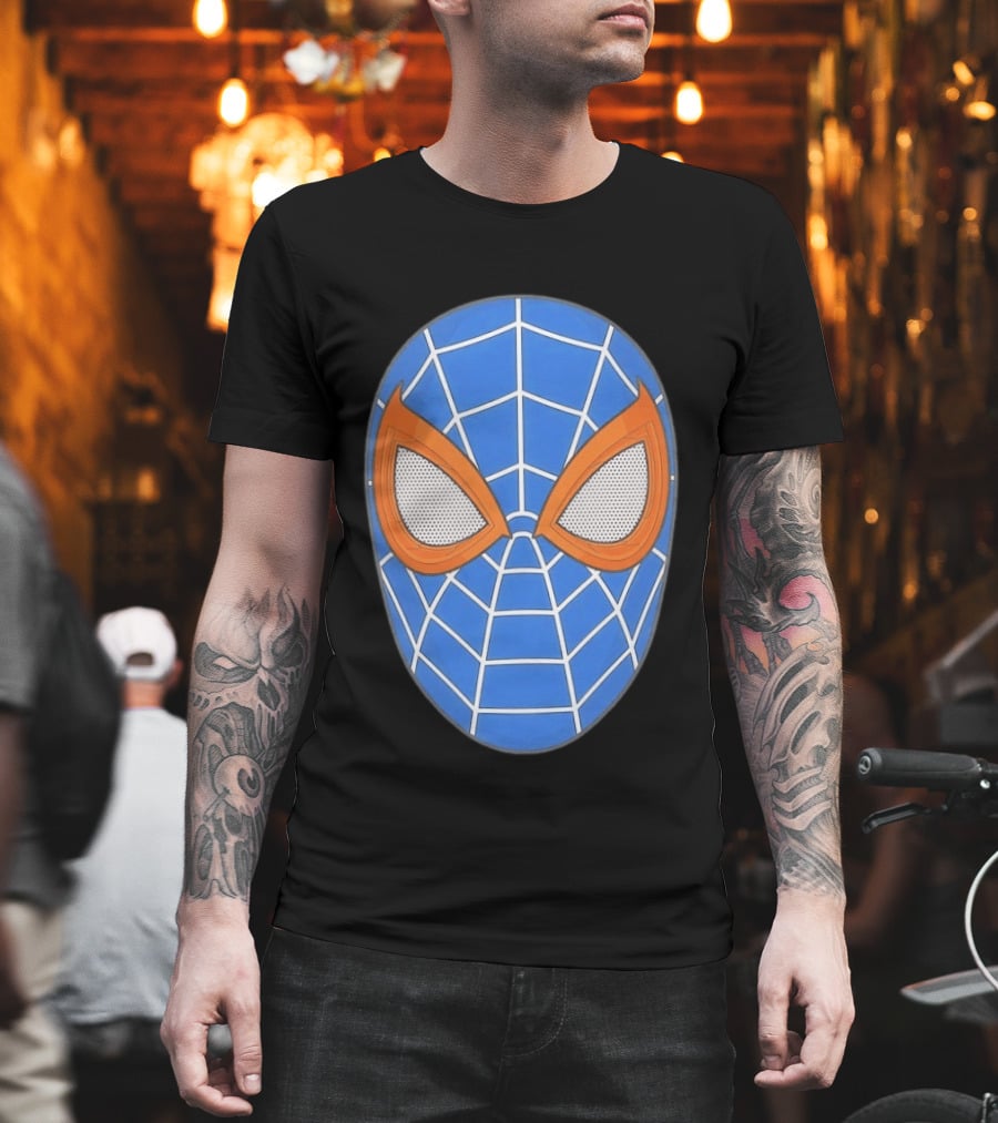 Spidey Spider Man Blue Mask With Orange Eyes And Web T-Shirt