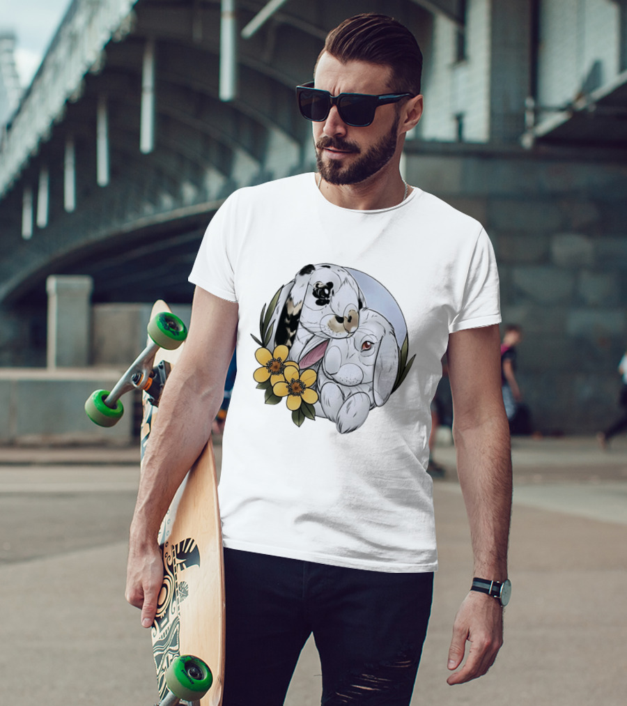 Clement Rabbit Rescue Bunnies With Yellow Flowers Wildlife Charm T-Shirt
