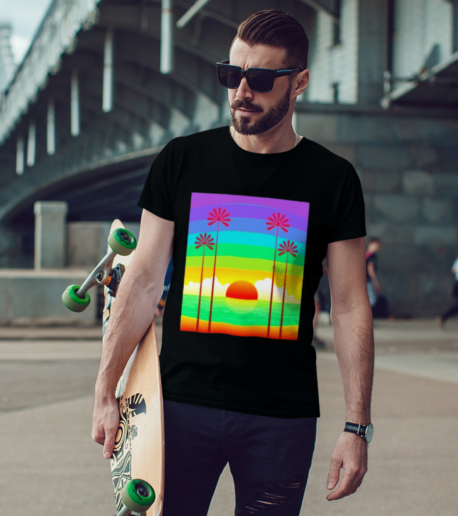 Sunset With Palm Trees And Rainbow Summer Scene T-Shirt