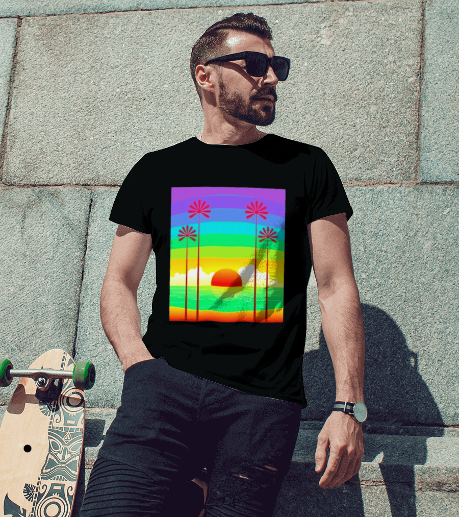 Sunset With Palm Trees And Rainbow Summer Scene T-Shirt