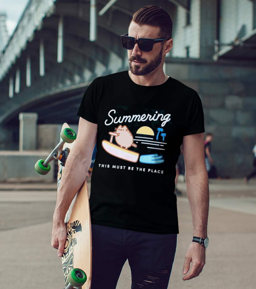 Summering This Must Be The Place Pusheen Surfing Cat Scene T-Shirt