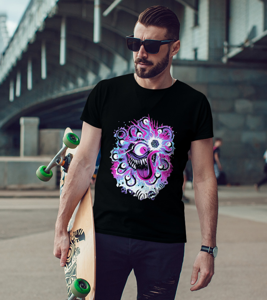 Beholder Dungeons And Dragons Eye Tyrant Illustration With D20 Dice And Psychedelic T-Shirt