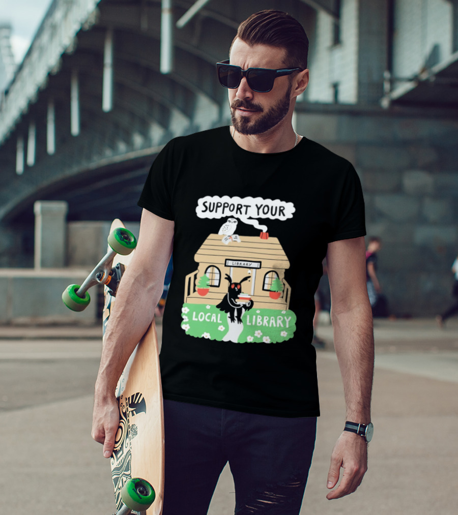 Support Your Local Library Mothman With Books And Cozy Cabin Reading T-Shirt