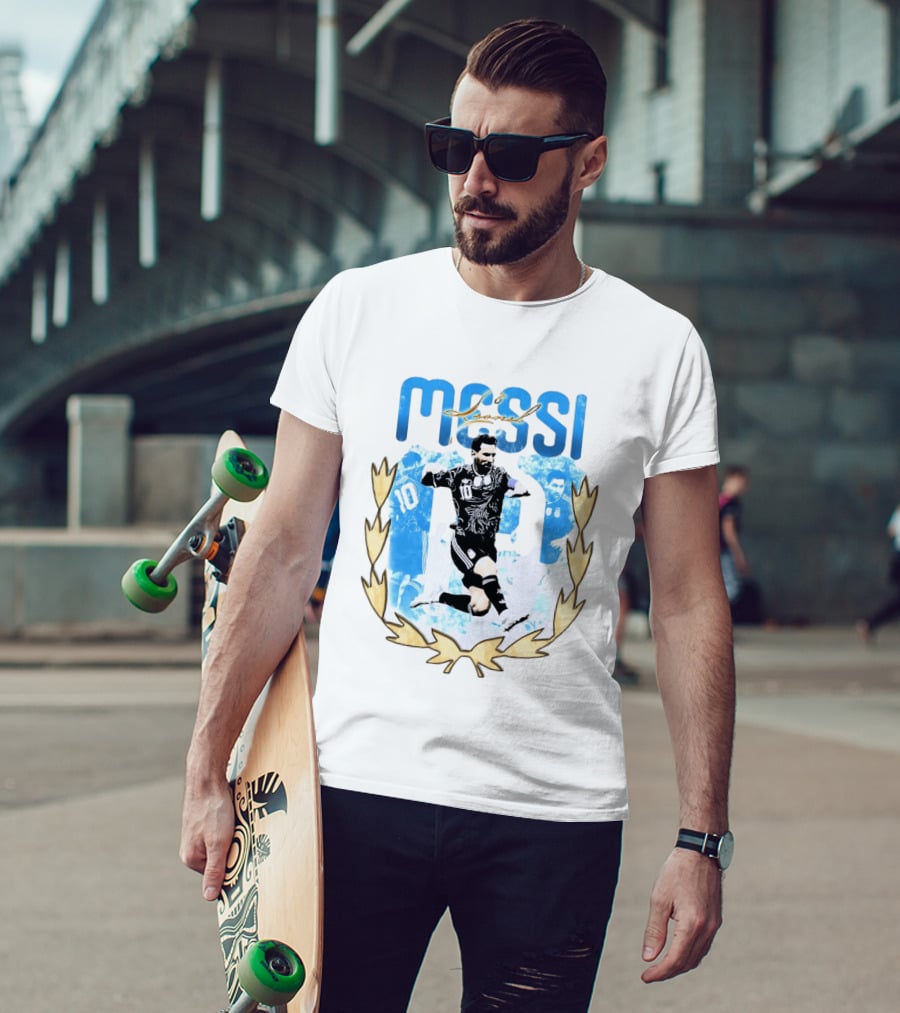 Messi 10 Sliding Celebration With Gold Laurel Wreath T-Shirt