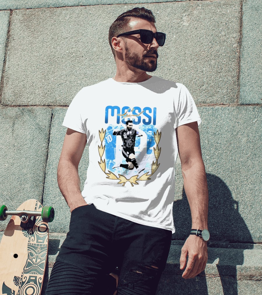 Messi 10 Sliding Celebration With Gold Laurel Wreath T-Shirt