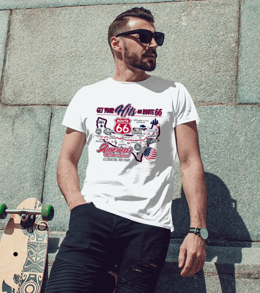 Get Your Hits On Route 66 America's Mother Road Celebrating 100 Years Baseball Map T-Shirt