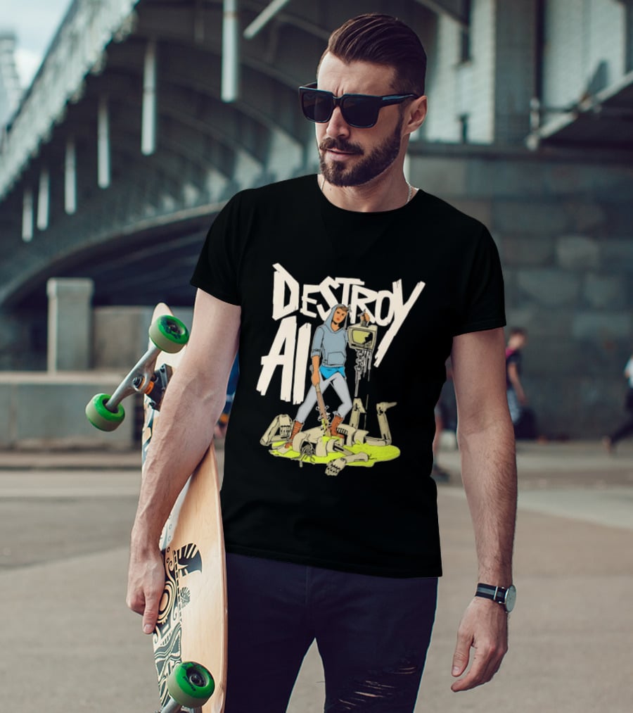 Destroy AI Sci Fi Cyberpunk Robot Resistance Heroic Battle Scene T-Shirt
