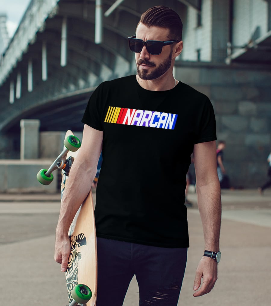 NASCAR Style NARCAN Text With Racing Stripes T-Shirt