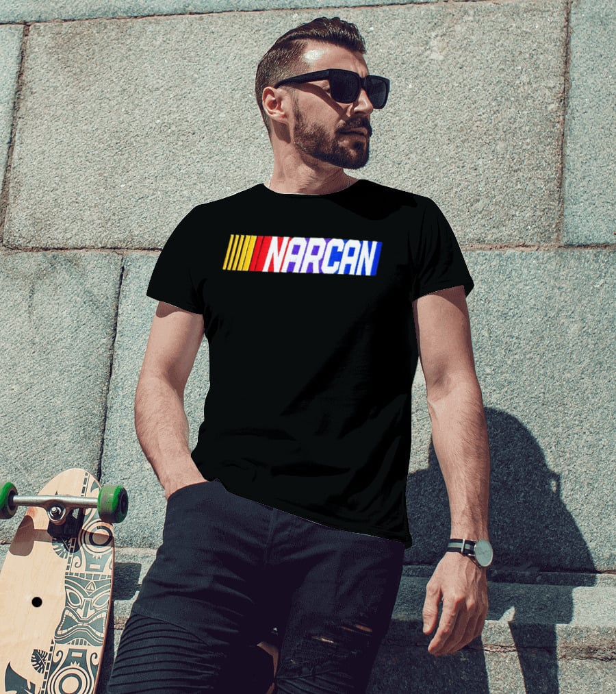 NASCAR Style NARCAN Text With Racing Stripes T-Shirt
