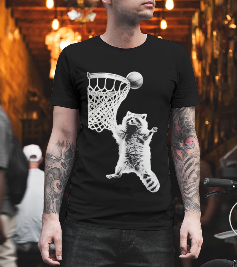 Raccoon Dunking Basketball Fun Animal Sports Play T-Shirt