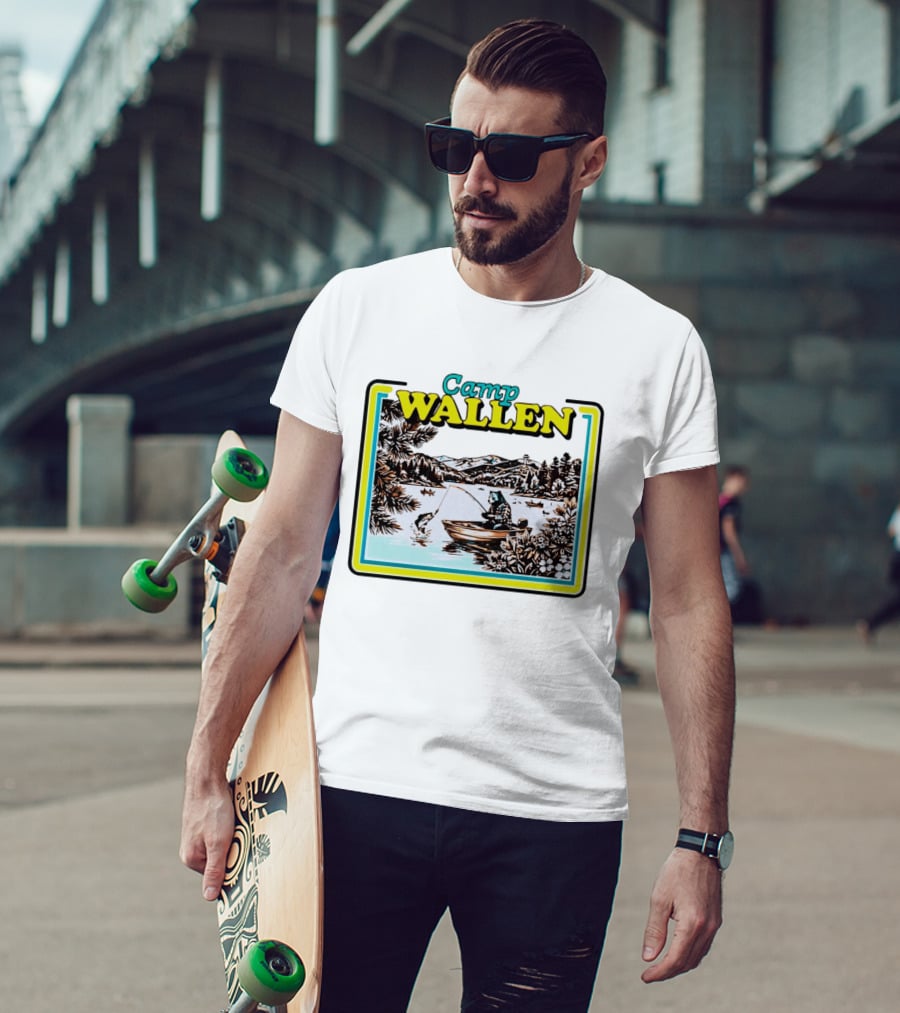 Camp Wallen Bear Fishing In Lake And Mountains Scene T-Shirt