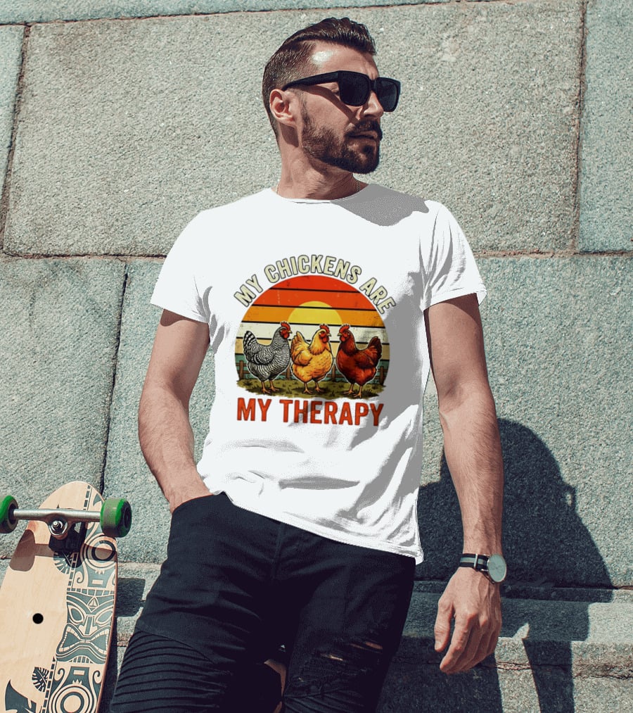 My Chickens Are My Therapy Three Hens Sunset T-Shirt