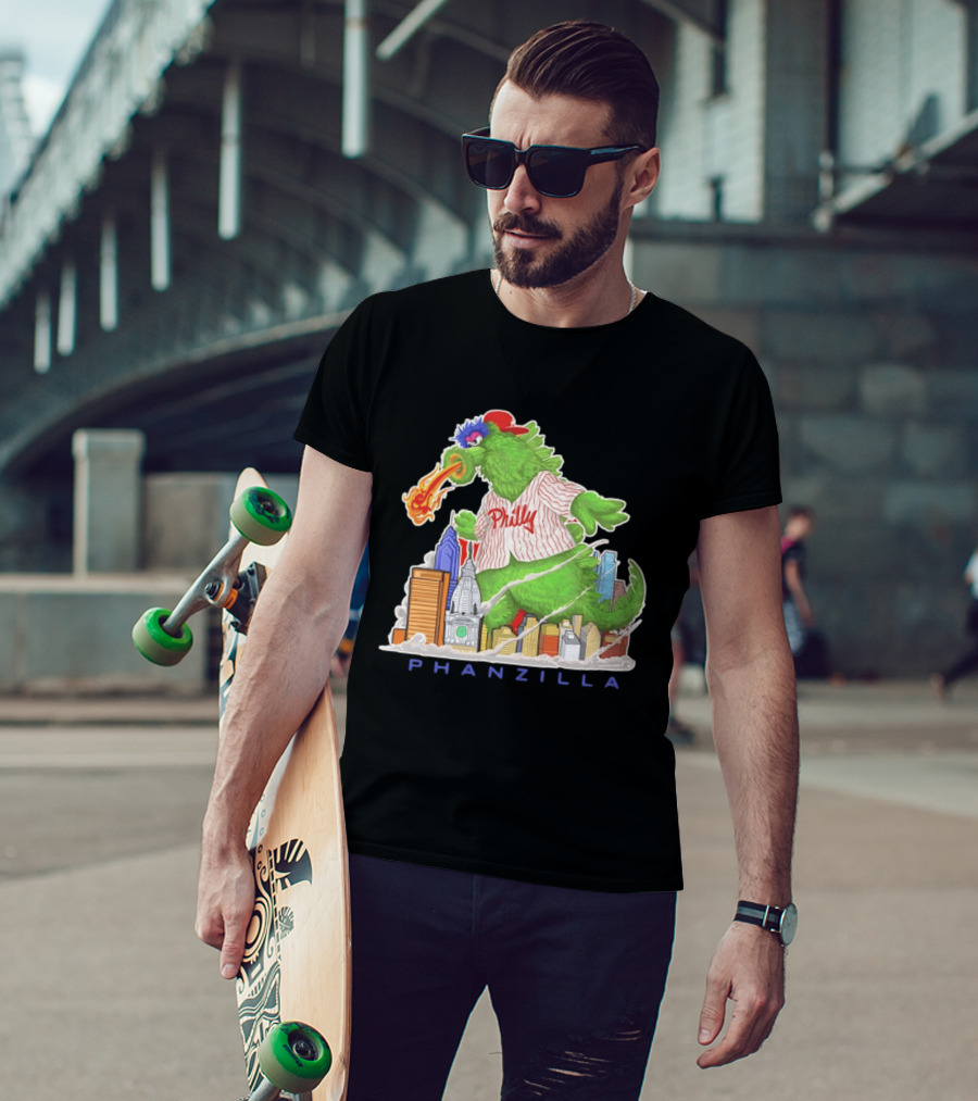 Phillie Phanatic Phanzilla Cityscape Fire Breathing Baseball T-Shirt