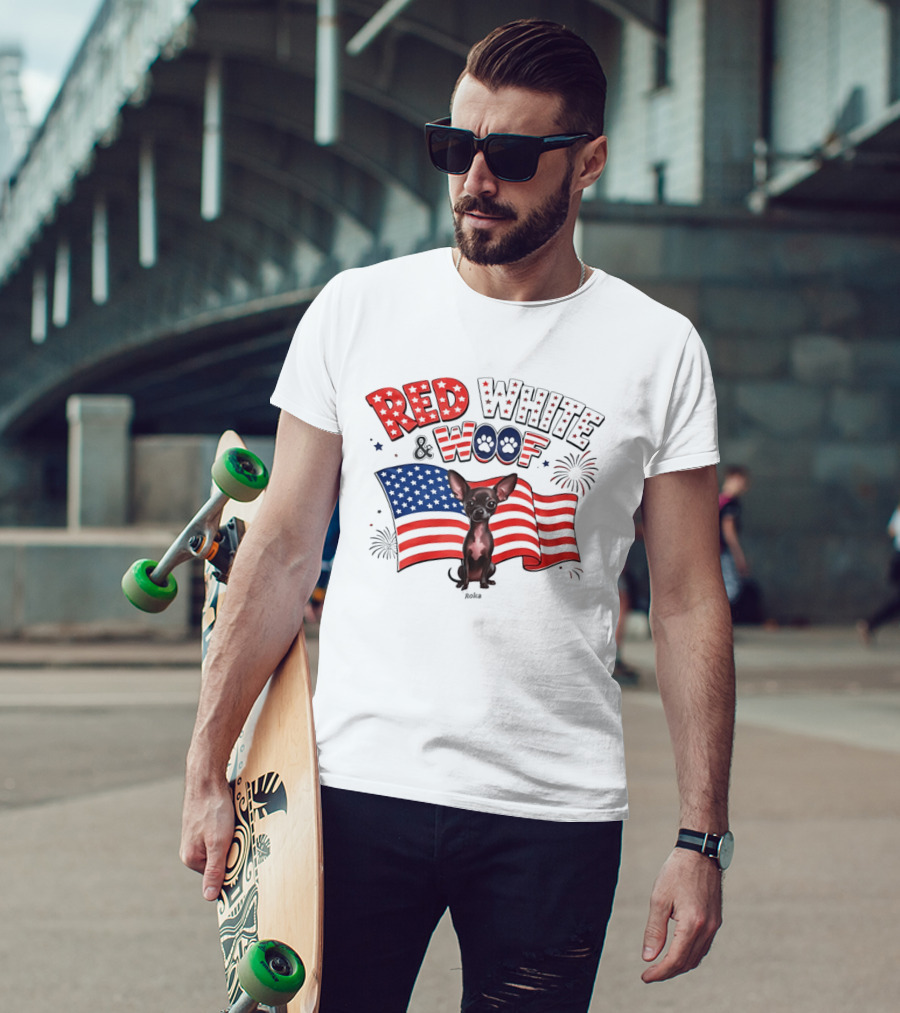 Chihuahua Red White And Woof US Flag Fireworks Celebration T-Shirt