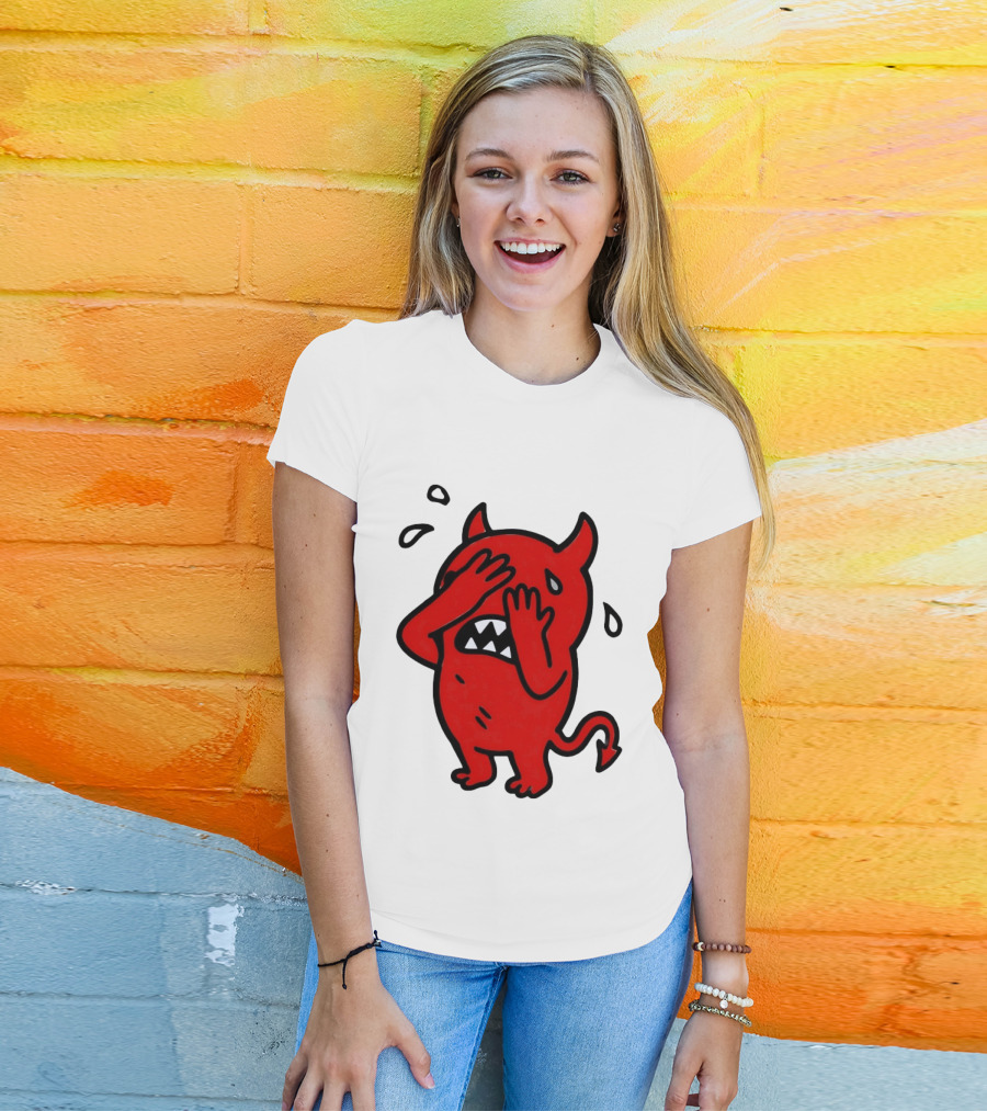 Devil Cartoon Facepalm Panicking Sweating Emoji T-Shirt