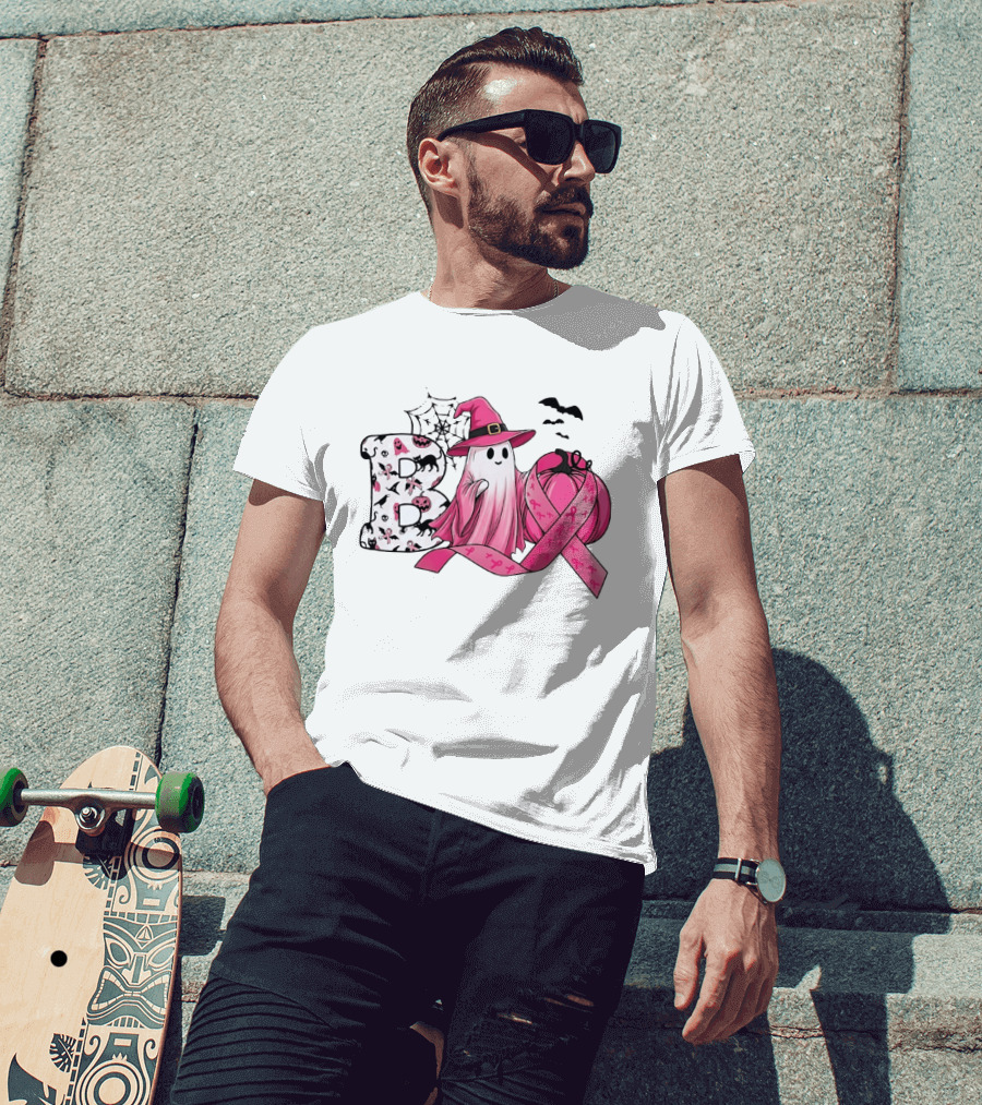 Boo Ghost Witch Pink Breast Cancer Ribbon Halloween Pumpkin T-Shirt