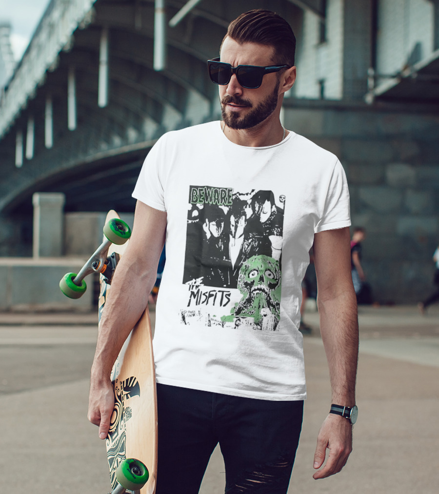 Beware The Misfits Horror Punk Band Skull Green T-Shirt