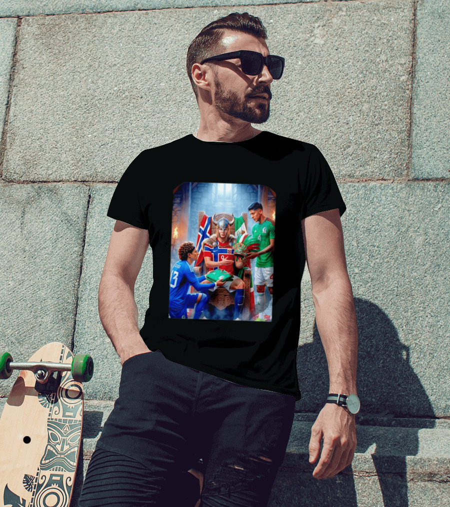 Guillermo Ochoa And Johan Vasquez Offering Mexico Jersey To Viking Erling Haaland With Norway Flag In Throne Room T-Shirt