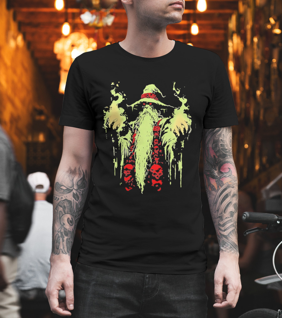Necromancer Wizard With Glowing Green Fire And Red Skulls T-Shirt