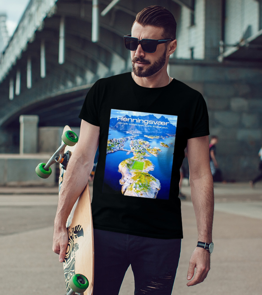 Henningsvaer With The World's Most Scenic Football Pitch Aerial View T-Shirt