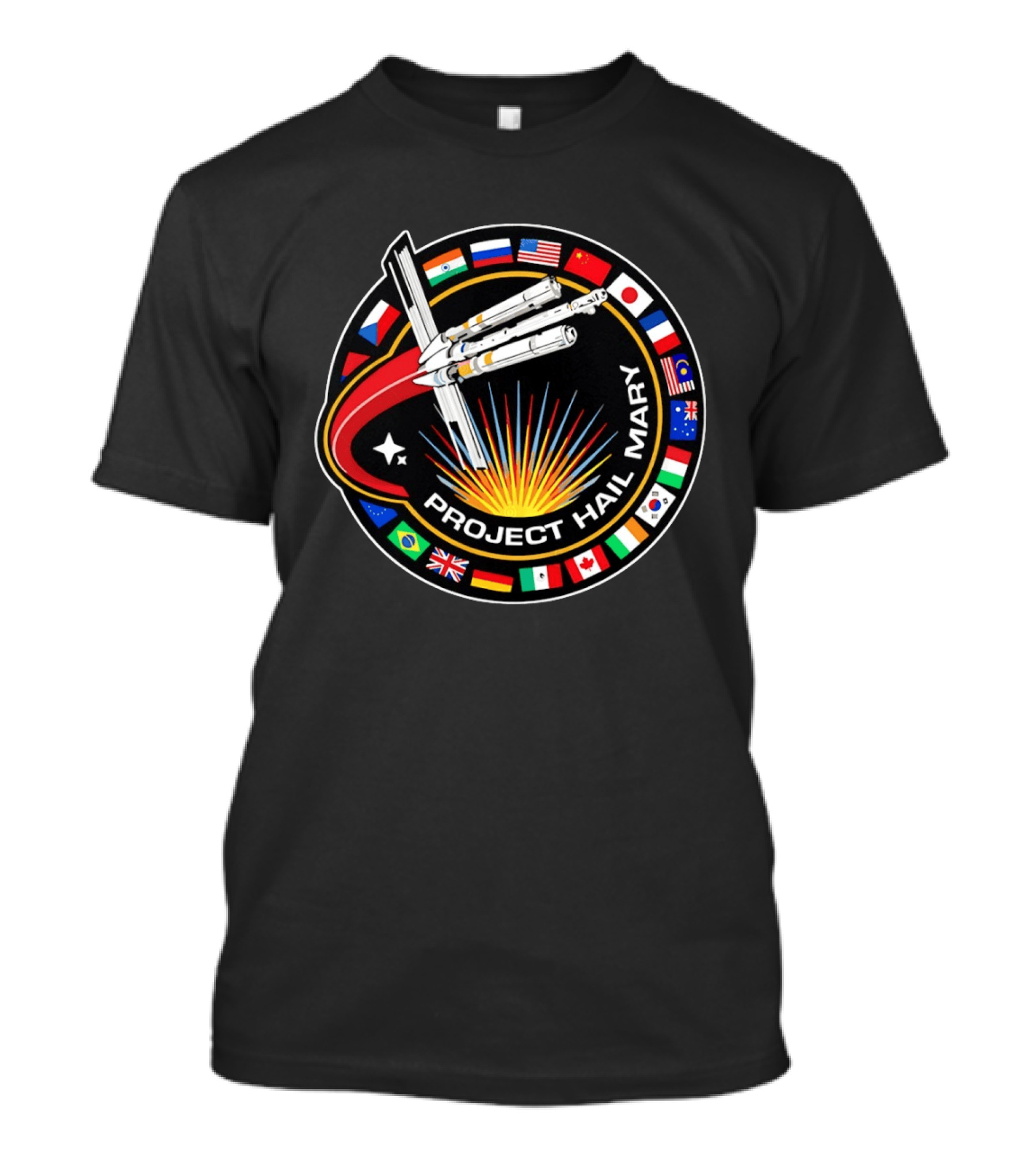 Project Hail Mary Mission Patch With International Flags And Spacecraft T-Shirt