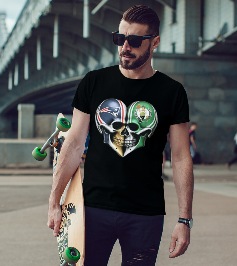 Boston Celtics And New England Patriots Skull Heart T-Shirt